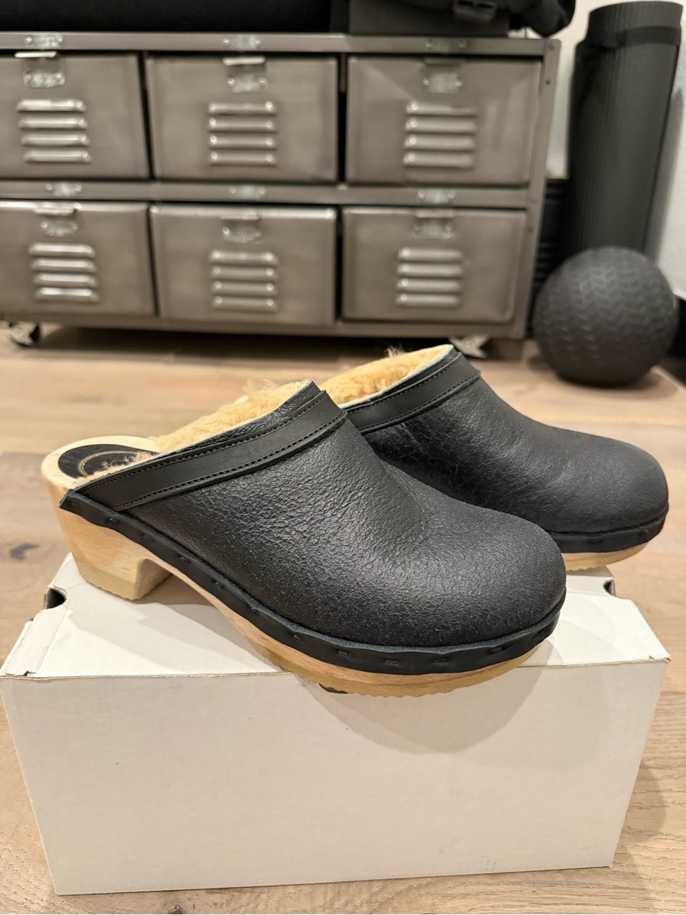 No. 6 Black Aviator Leather Shearling Lined Clog Mules with Wood Sole